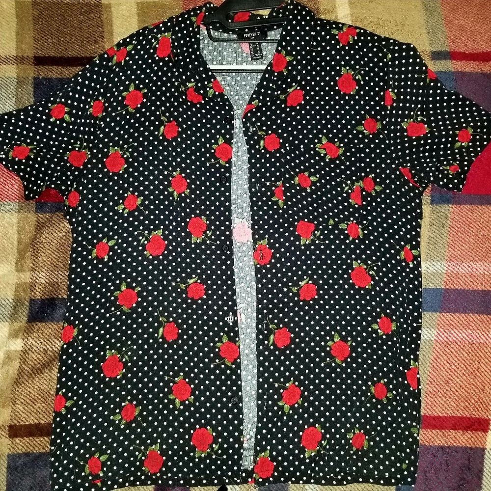 Rosed Polka Dot Button Down